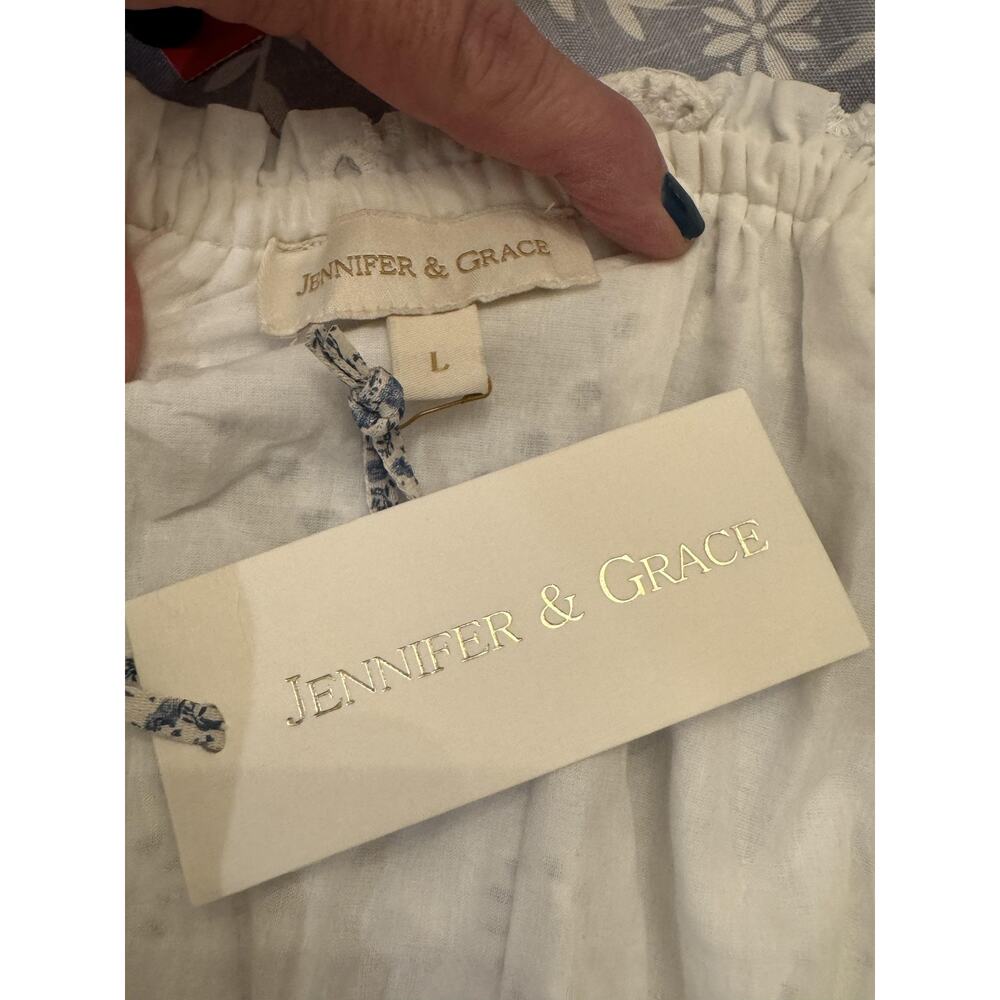 Jennifer & Grace Blouse Sz L White Eyelet Cropped Puff Sleeve Top Coquette - Picture 7 of 8